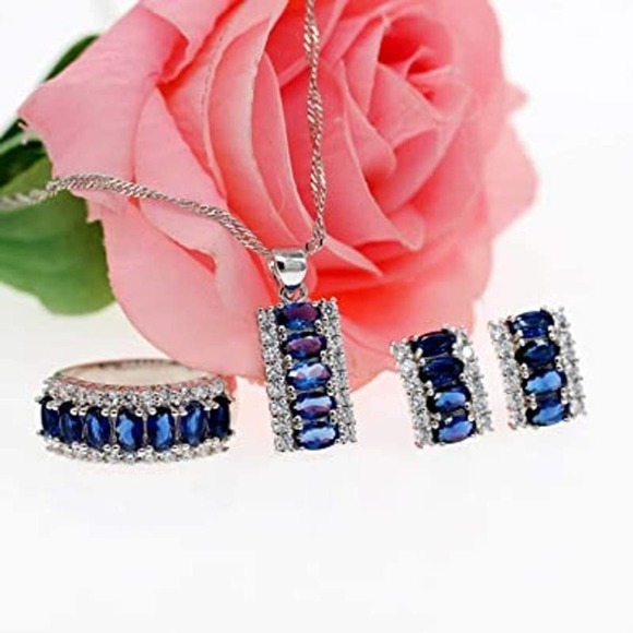 Sapphire Crystal Necklace Earring Ring Set CZ Cubic Rhinestone Necklace Ring Ear - Picture 5 of 8